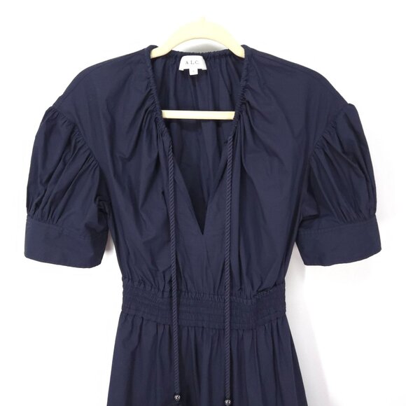 A.L.C. Blue Becca Midi Dress with Puff Sleeves and Flared Skirt Women's Size 8 - Picture 2 of 12